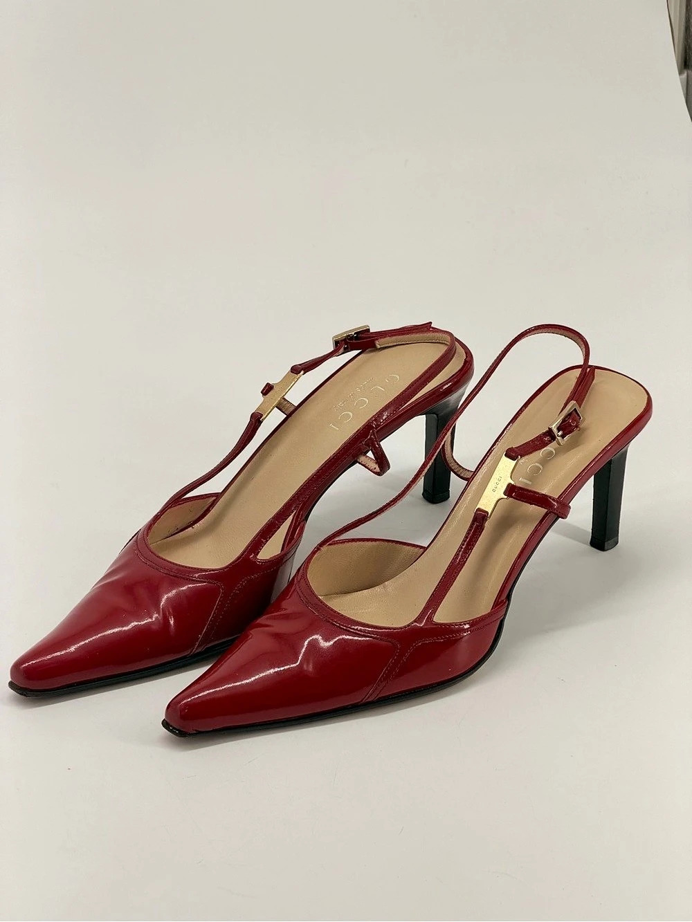 Gucci Pointed Toe Slingback Heels in Red Patent Leather Size 37.5